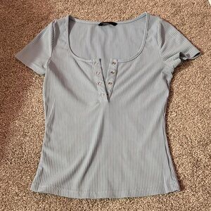 SHEIN Light Blue Ribbed Scoop Neck Short Sleeve Top